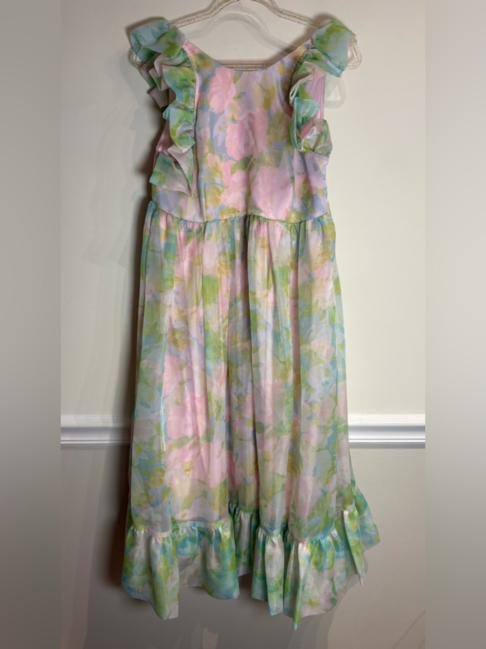Selkie Maison Amory Ruffle Romance Midi Dress Green Pink Pastel Paints Size M - Picture 4 of 9